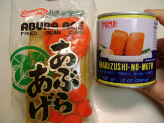 Abura age (unseasoned) and inarizushi-no-moto in a can (seasoned)