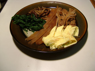 All ingredients for Futomaki on a plate-kampyo gourd strips, spinach, shitake mushrooms, seasoned fried bean curd and tamago