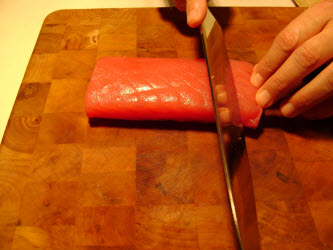 Straight across angled cut for nigiri or sashimi