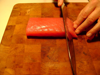 Straight across angled cut for nigiri or sashimi