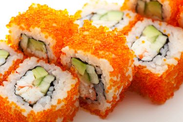 California roll with roe on the outside