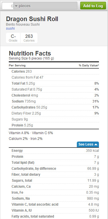 calories in dragon roll sushi