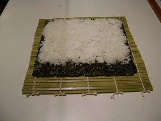 Sushi rice spread on nori for futomaki