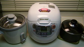 From left to right: Standard Rice cooker, fancy rice cooker and a plain old pot