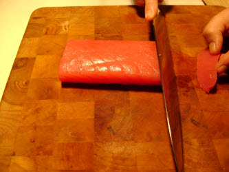 Straight across angled cut for nigiri or sashimi