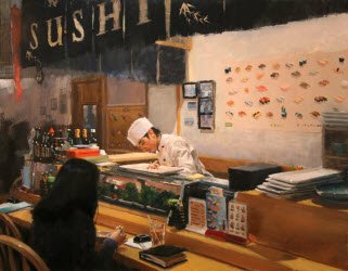 Customer at a sushi bar