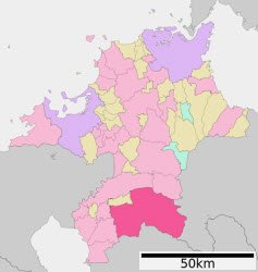 Yame region highlighted within the Fukuoka Prefecture.